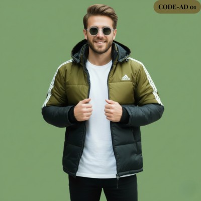 Men’s Insulated Zipper Hoodie Jackets Adidas(Olive/Black)-AD 01