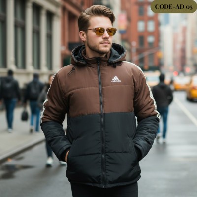 Men’s Insulated Zipper Hoodie Jackets Adidas(Coffee/Black)-AD05